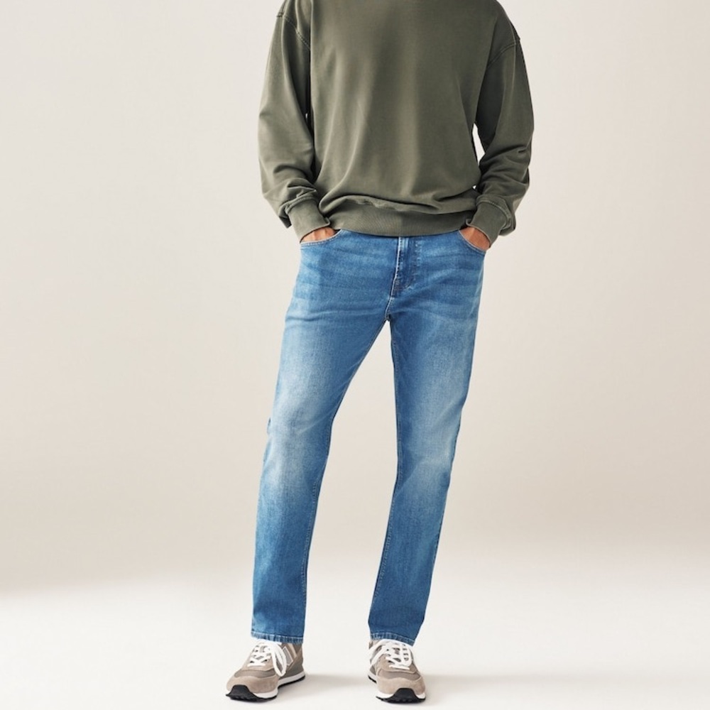Blue straight casual denim stretch jeans slim streetwear retro light wash pants